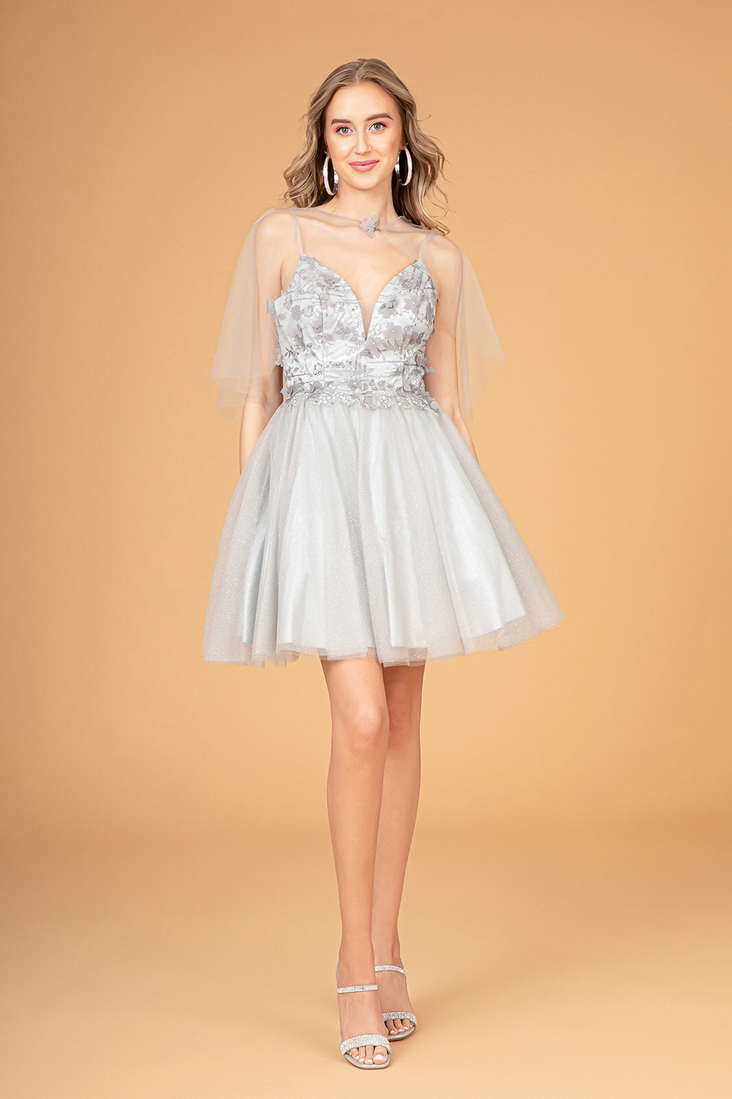 3D Flower Applique Embellished Short Mesh Homecoming Gown w/ Short Cape GLGS3089-5